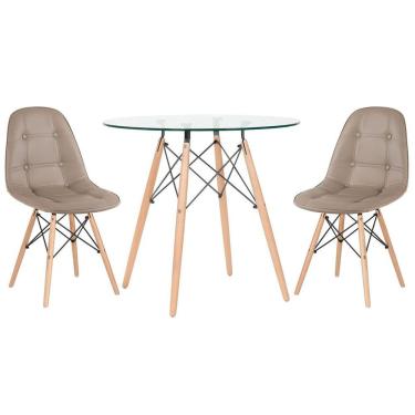 Imagem de Mesa jantar cozinha redonda com tampo de vidro Eames 80 cm + 2 cadeiras Eiffel Botonê