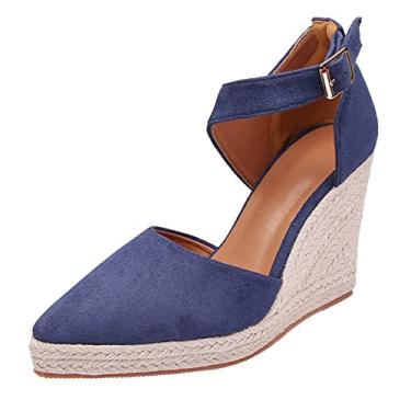 Imagem de Sandálias femininas plataforma, bico fino, alpargatas, sapatos de pescador, cunhas femininas novo verão 2022 tecido de palha de linho (azul, 37)