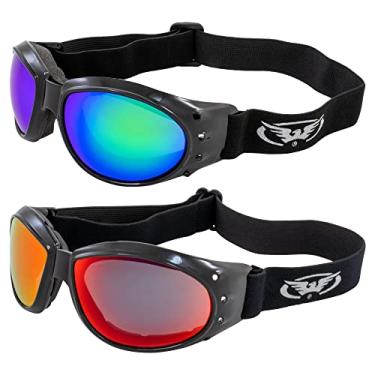 Imagem de 2 pares de óculos acolchoados Global Vision Eliminator para motociclismo preto com lentes espelhadas verdes e vermelhas