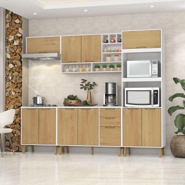 Imagem de Cozinha Modulada Completa com Tampo 6 Peças 10 Portas 3 Gavetas Branco/Wood