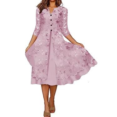 Imagem de Vestido túnica feminino com estampa floral, bolso e gola V, manga midi, vestido túnica, rosa, M