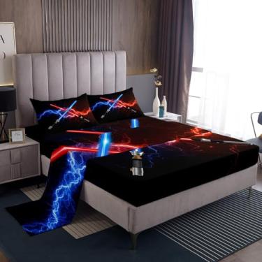 Imagem de Lençol de cama azul roxo sabre de luz, conjunto de cama neon brilhante relâmpago conjunto de cama com tema de videogame para decoração de quarto de crianças, meninos, meninas, adolescentes, lençol de cima preto moderno, 2 fronhas