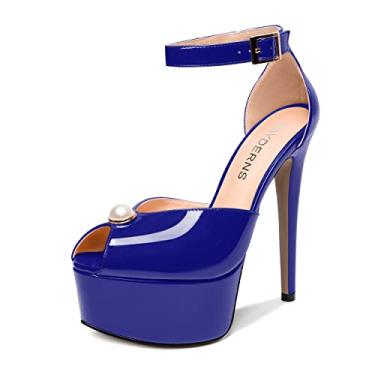 Imagem de WAYDERNS Sapato feminino de salto alto com fivela e salto alto com salto alto e plataforma Peep Toe Peep Toe, Azul royal, 7.5