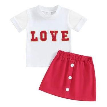 Imagem de Mercatoo Baby Girls My First Valentine's Day Outfit Camisetas de manga curta saias evasê 2 peças conjuntos de roupas de verão para meninas, Branco, 12-18 Meses