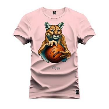 Imagem de Camiseta Unissex Algodão Estampada Premium Confortável Onça Basquete Rosa GG