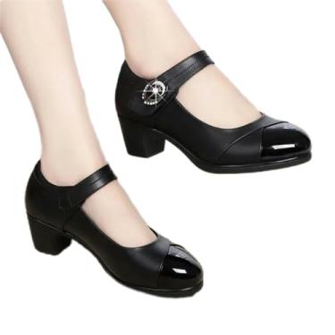 Imagem de Sapatos femininos de salto alto com fivela de bico fino preto bonito para escritório senhoras clássico bege conforto