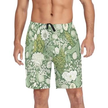 Imagem de CHIFIGNO Shorts de pijama masculino, shorts de pijama, calça de pijama masculina com bolsos e cordão, Floral branco e verde, P