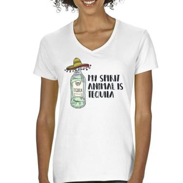 Imagem de Camiseta feminina My Spirit Animal is Tequila gola V Cinco de Mayo Drinking Tee, Branco, P