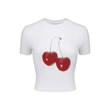 Imagem de WDIRARA Camiseta feminina de manga curta com estampa de cereja e estampa urbana, Branco, G