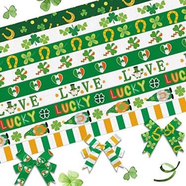 Imagem de Estivaux 9 fitas de dia de São Patrício fita de gorgorão verde branca de 9 cm de largura, fita de trevo irlandês, gnomos de duende, fitas artesanais para embrulho de presente no dia de São Patrício,