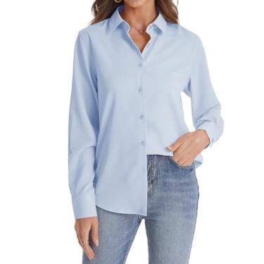 Imagem de J.VER Camisa feminina de botão manga longa sem rugas leve de chiffon sólido blusa de trabalho, Azul-celeste, PP