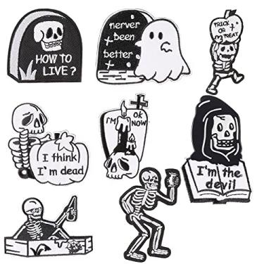 Imagem de Emblemas de crânio para decoração de Halloween, adesivos de decoração do dia dos mortos, 8 peças de crânio costurado em apliques para jaquetas, camisetas, jeans, mochilas, roupas, acessórios DIY