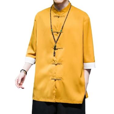 Imagem de Vestido tradicional chinês verão seda gelo manga curta camisa masculina roupas tai chi kung fu roupas tang terno casaco, Amarelo, PP