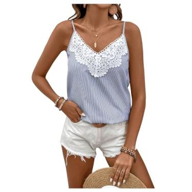 Imagem de Verdusa Camiseta feminina listrada de renda guipura, gola V, alças finas, camiseta de verão, Azul e branco, M