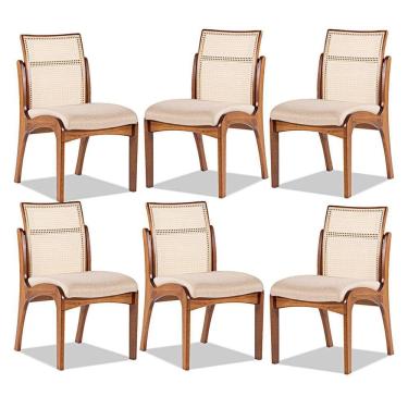 Imagem de Kit 6 Cadeiras de Madeira para Mesa de Jantar com Encosto Rattan Lisboa Linho Bege M58 RMI