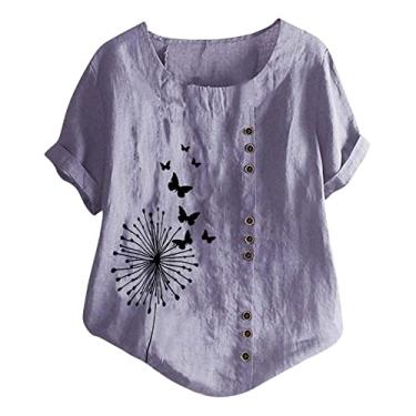 Imagem de Camiseta feminina de linho de verão, estampada, manga curta, gola redonda, botão, túnica folgada, casual, tops, 1 roxo, M