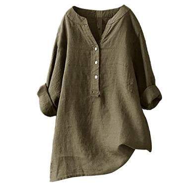 Imagem de Camisetas femininas de linho Henley caimento solto, manga comprida, cor sólida, roupas de verão para sair, Marrom, XXG