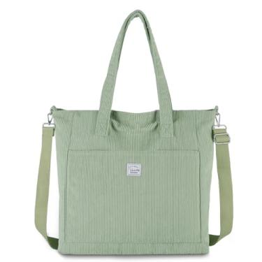 Imagem de VASCHY Bolsa feminina de veludo cotelê, casual, leve, grande, para trabalho, com zíper, Hobo, bolsa tiracolo, Verde claro, Large