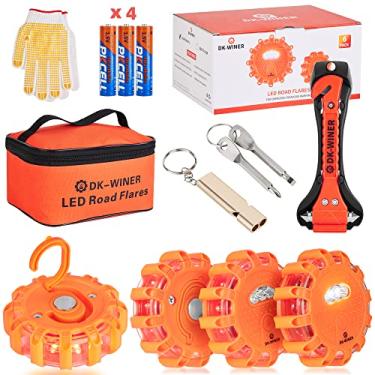 Imagem de DK-WINER Kit LED Road Flares para carro de emergência na estrada, kit de sinalizadores de emergência com base magnética para veículos e barcos | 9 modos de flash (com baterias) (kit de ferramentas com