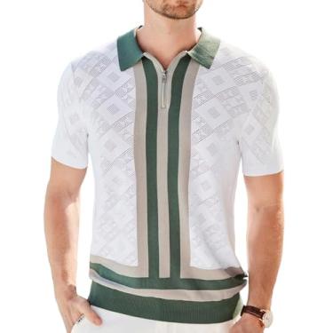 Imagem de GRACE KARIN Camisas polo masculinas de malha de manga curta vintage listradas para golfe masculinas, Branco, M