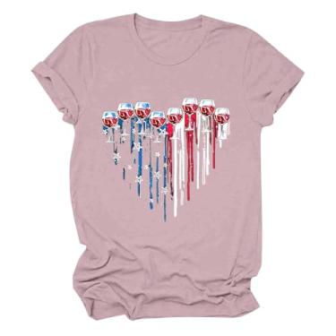 Imagem de Camiseta feminina de 4 de julho com estampa de taças de vinho, manga curta, verão, dia da independência, Rosa choque, M