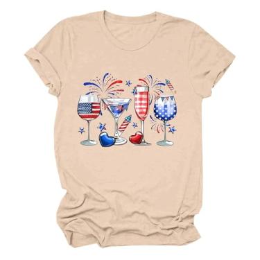 Imagem de Camiseta feminina Independence Day 4 de julho, taças de vinho, estampada, gola redonda, manga curta, Bege, M