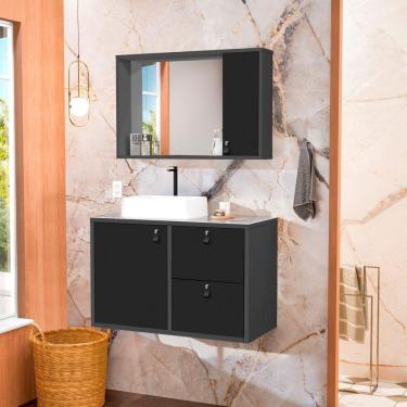 Imagem de Conjunto Gabinete para Banheiro com Cuba de Sobrepor, Tampo de Vidro e Espelheira Toro 80 Vd Grafite / Preto Fosco