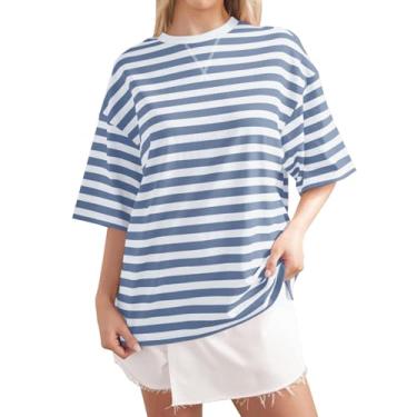 Imagem de Camiseta feminina listrada color block para praia plus size gola redonda básica casual verão, 011 - Azul, P