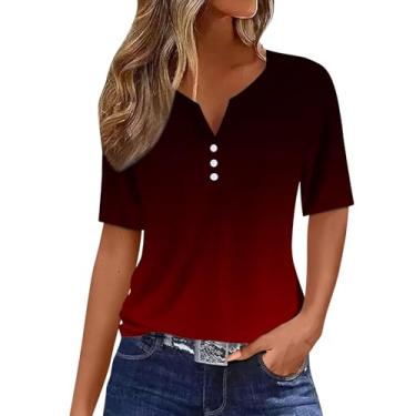 Imagem de Camisetas femininas de verão de manga curta com estampa gradiente, gola V, túnica de botão, blusa lisa, tecido leve, Vermelho, 3G