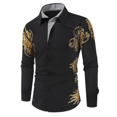 Imagem de Camisa masculina de manga comprida estampada em bronze casual slim fit Royal Paisley camiseta estampada dragão para homens, Preto, XXG