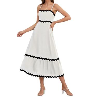 Imagem de Vestidos midi de verão com alças finas 2024 RIC Rac Vestido feminino boho gola quadrada frente única vestido longo com decote quadrado, Branco, M