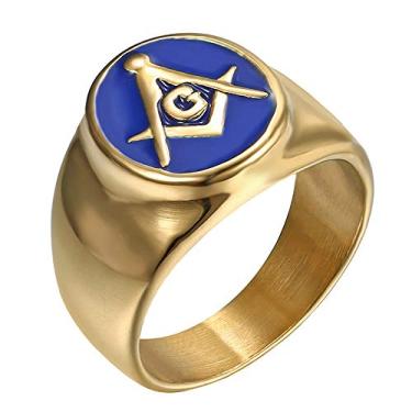 Imagem de IFUAQZ Anel maçônico masculino banhado a ouro de aço inoxidável azul G Lodge Master Mason Signet Biker Band, Metal, Sem pedra preciosa