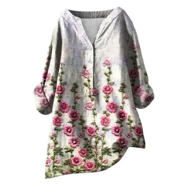 Imagem de Camisetas femininas de verão com estampa floral de linho, manga comprida, gola V, botões grandes, camisetas casuais para sair, rosa, XXG
