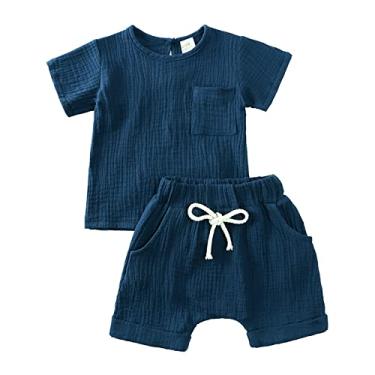 Imagem de Conjunto de calça para bebês, meninos, meninas, cor lisa, de algodão, manga curta, camiseta com gola redonda e shorts, Azul-escuro, 6-9 Months