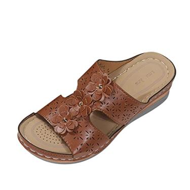 Imagem de Sandálias femininas elegantes de verão planas modernas retrô de couro sólido flor decorativa bico aberto sola grossa sandálias, Amarelo, 7 X-Narrow