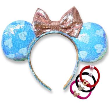 Imagem de Tiara Minnie Orelha KIT Arquinho Arco Diadema Orelhinha Coroa Brilhante + 1 Elastico de Cabelo (Azul Coracao)