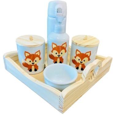 Imagem de Kit Higiene Bebê Porcelana Raposinha Porcelana - Garrafa Térmica Branca/Bandeja Coração