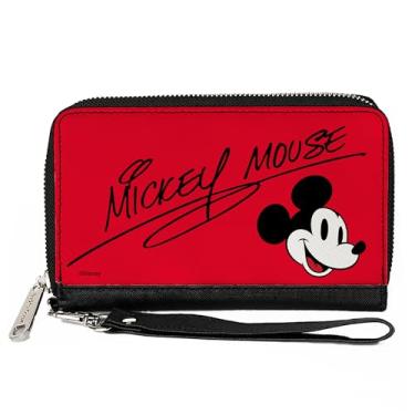 Imagem de Carteira Disney, zíper ao redor, autógrafo do Mickey Mouse e rosto sorridente, vermelho, preto, couro vegano, Vermelho, 7.5"x4.5", Casual