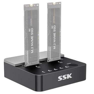 Imagem de SSK NVMe SSD Cloner, M.2 Duplicator Dual Bay NVMe Enclosure, sem ferramentas 20Gbps USB3.2 Gen 2X2 SSD para USB Adaptador M.2 Estação de ancoragem para leitor M Key PCIE NVMeSSD suporta clone offline
