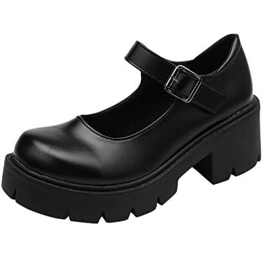 Imagem de Sapatos femininos Mary Janes salto grosso tira no tornozelo uniforme sapato social salto gótico Lolita Oxfords, Alça única - preto fosco, 8
