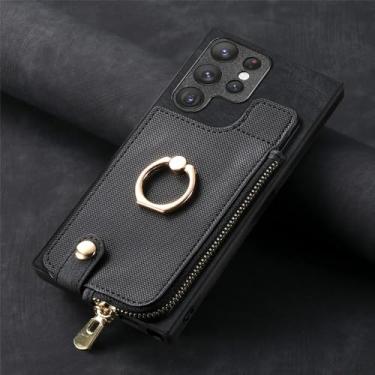 Imagem de Capa de couro com suporte de anel de carteira para cartões com zíper para Samsung Galaxy A54 A34 A14 A53 A12 A23 5G S23 Ultra S22 S21 Plus capa de bolsa, preta, para Galaxy A72 5G