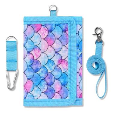 Imagem de Carteira infantil para meninas, de 4 a 12 anos, com três dobras, bolso para moedas com zíper e porta-cartões, presente de aniversário e Natal, Sereia azul