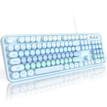 Imagem de MOFII Teclado com fio de impressão grande, teclado de computador, plug Play, teclado de máquina de escrever redondo retrô colorido com teclado numérico e tecla de atalho de mídia para Windows, PC,