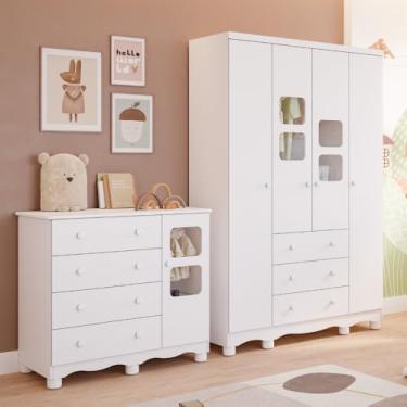 Imagem de Quarto de Bebê Completo com Guarda Roupa Uli 4 Portas Cômoda Uli 4 Gavetas Móveis Peroba Branco Brilho