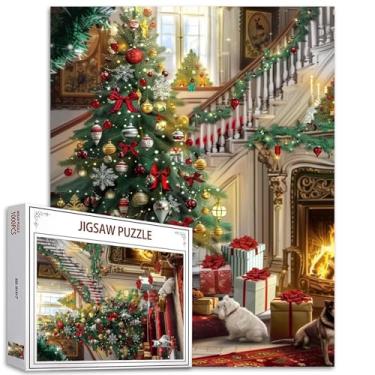 Imagem de Quebra-cabeça de cenário de Natal 1000 peças para adultos feliz ano novo pintura quebra-cabeça árvore natalina, cachorro 1000 peças quebra-cabeças para atividades familiares desafiadoras jogo arte