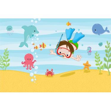 Imagem de Painel de Lona Fundo do Mar Mergulhador e Animais Brincando - Fabrika 