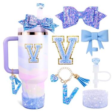 Imagem de Lingdeer Conjunto de acessórios de copo azul para Stanley 850 g e copo de 1,134 g com alça, pingentes de letras, capas de canudo de arco e diamante, bota de silicone com glitter, adesivo personalizado