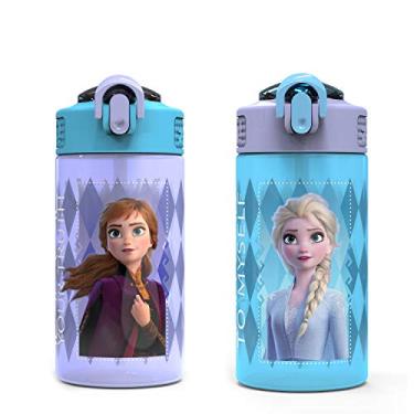 Imagem de Zak Designs Conjunto de garrafas de água Disney Frozen 2 crianças com canudos reutilizáveis e laços de transporte embutidos, feito de plástico e designs de garrafas de água à prova de vazamento (Elsa & Anna, 473 g, livre de BPA, conjunto de 2 peças)