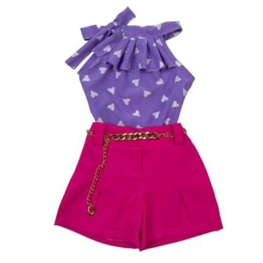 Imagem de Conjunto Infantil Meninas Blusa Babado E Short Alfaitaria Com Cinto - 