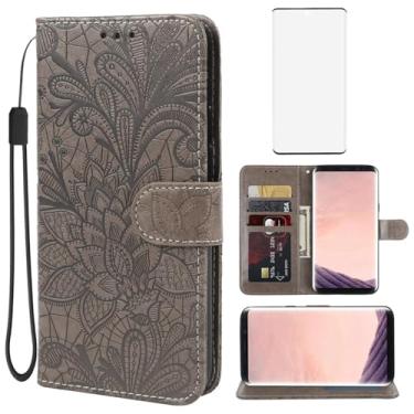 Imagem de Gufuwo Capa para Galaxy S8 Plus, capa carteira para Samsung S8+ SM-G955U com protetor de tela de vidro temperado, flor de renda, couro PU, flip com suporte para cartão de crédito, capa para celular